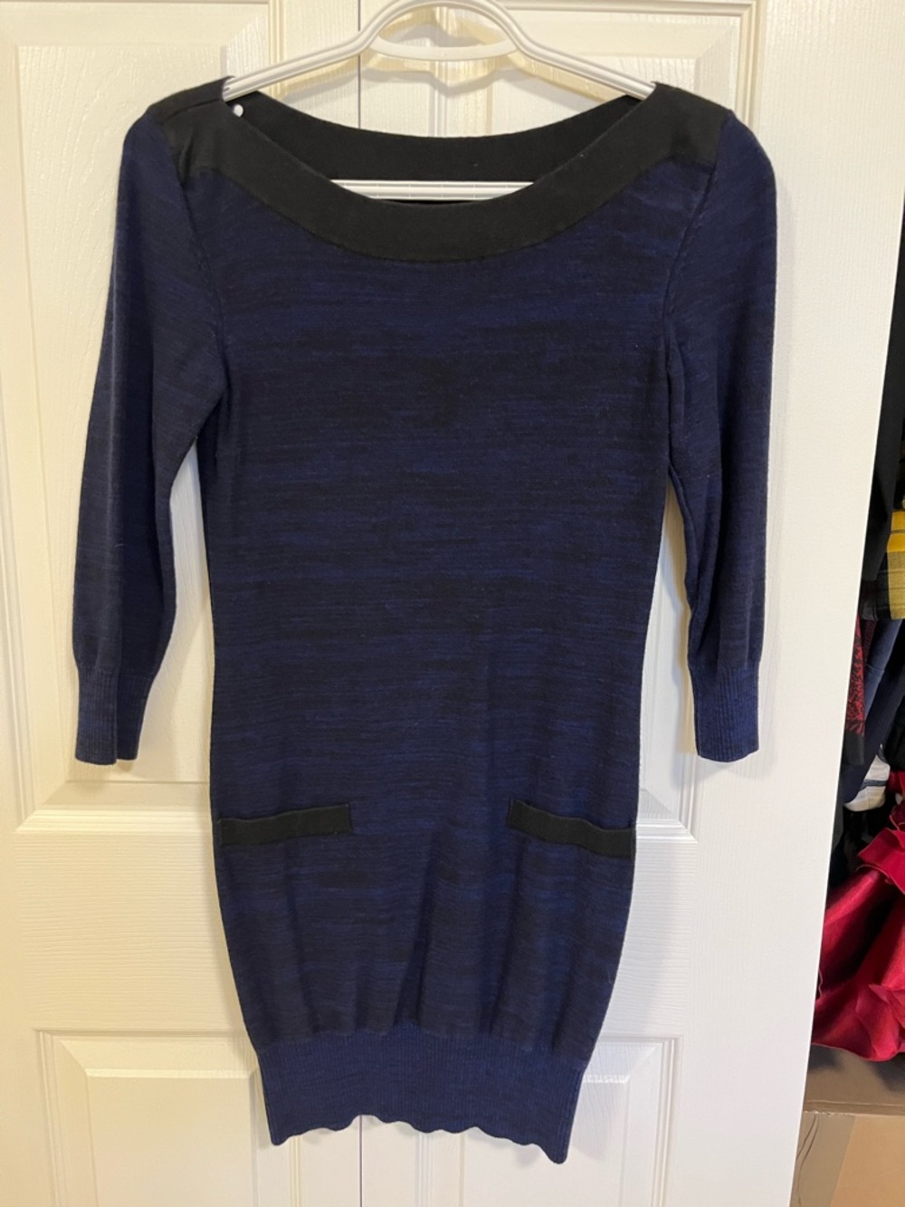 Navy Blue Boatneck Knit Dress with Black Trim